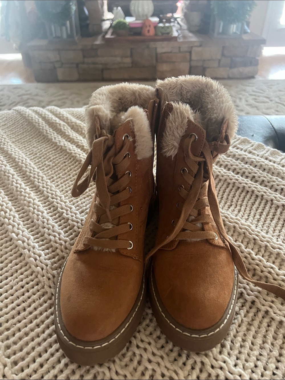 Madden Girl Tan Suede Lace-Up Ankle Boots with Faux Fur